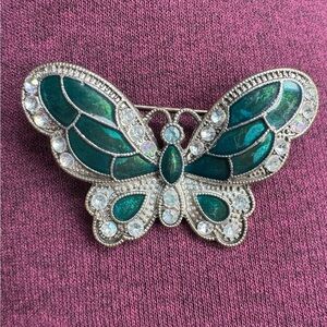 Vintage Butterfly enamel silvertone brooch pin turquoise rhinestones